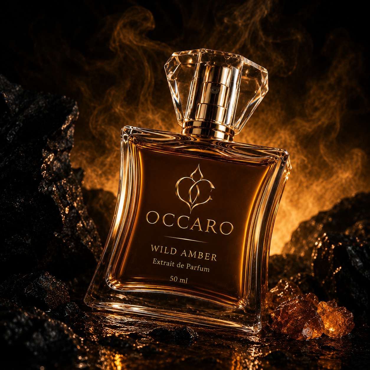 Perfume OCCARO Wild Amber em campanha premium escura