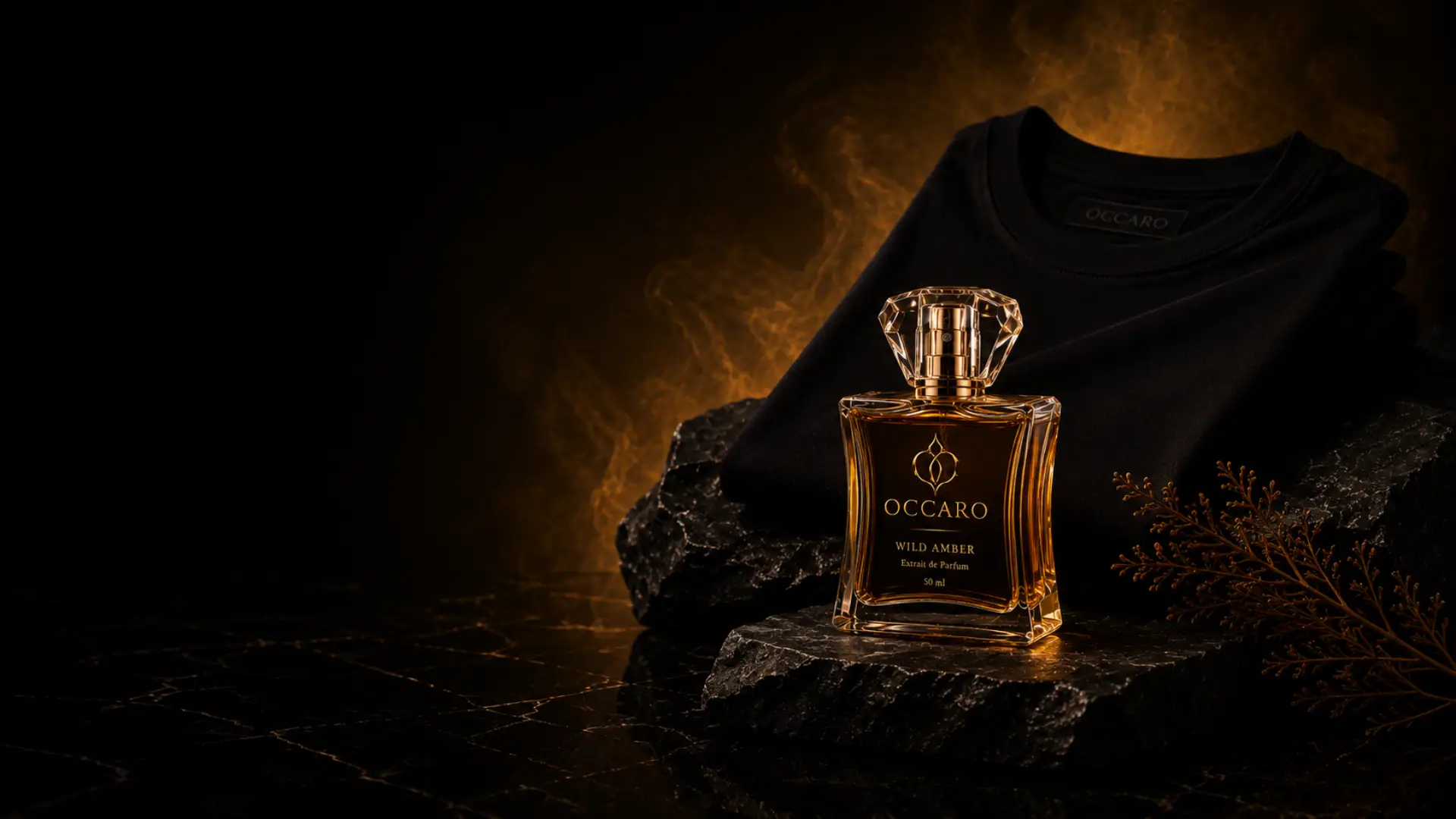 Camiseta preta OCCARO e perfume Wild Amber em composição premium
